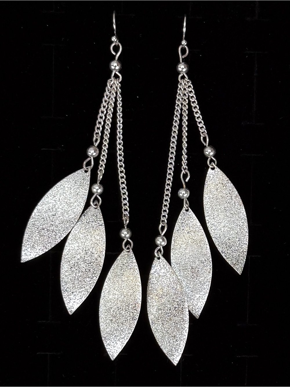 Brushed Silvertone lightweight fringe chain leaf, long pierced earrings